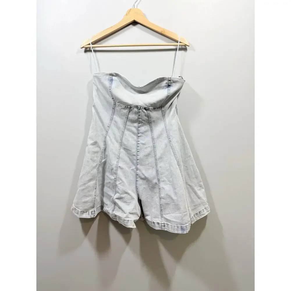 Altar'd State Blue Strapless Denim Romper Itgirl Relaxed Size S